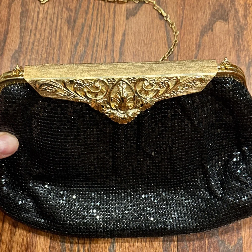 Whiting & Davis - Gold-Trim Black Sequin Evening Shoulder Bag